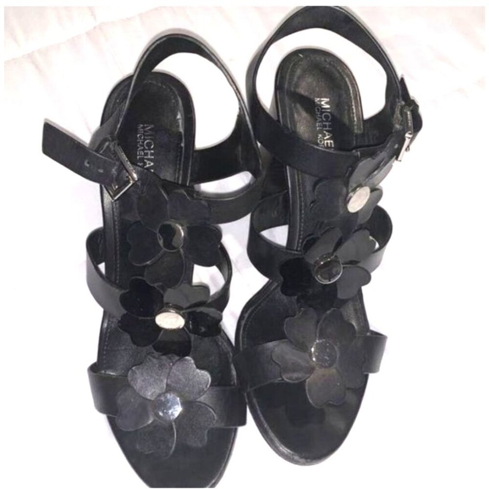 Michael Kors Womens Leather Flower Sandals 7.5M Black